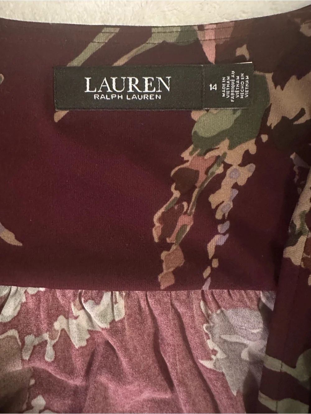 Ralph Lauren Burgundy Floral Wrap Midi Dress with Tie